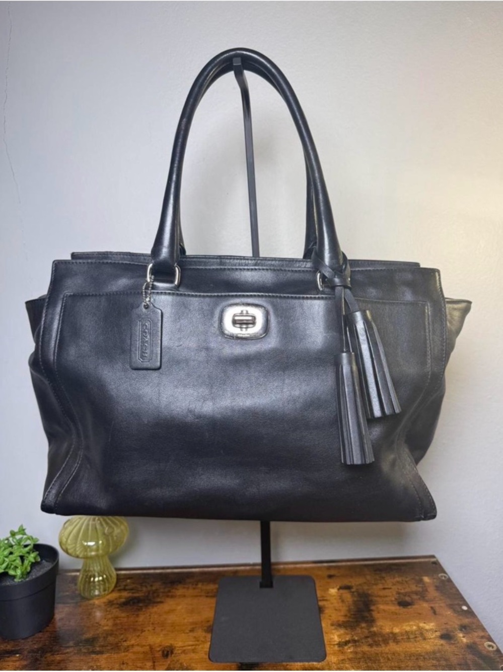 Coach Black Leather Large Satchel with Tassel Charm